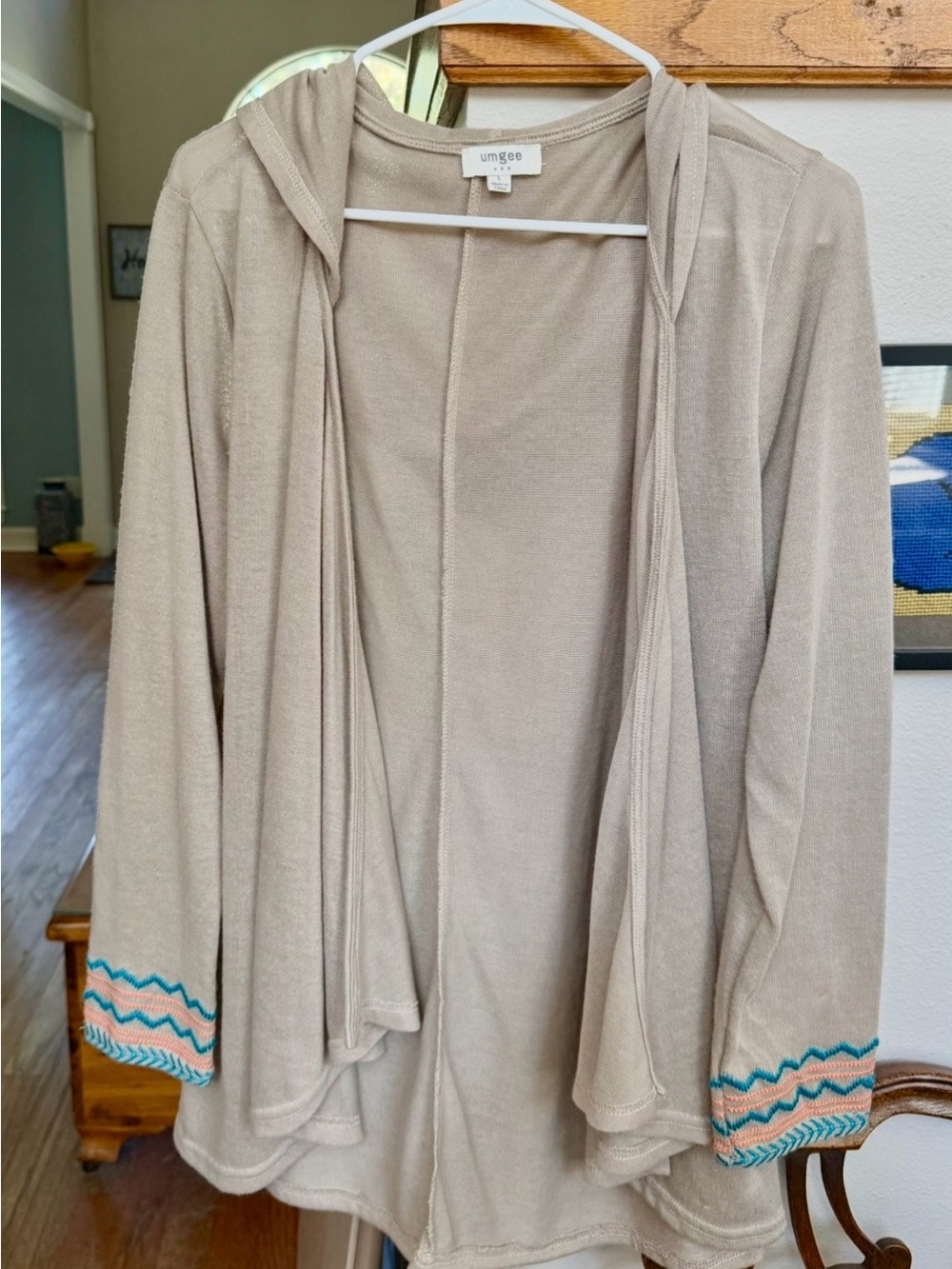 UMGEE Taupe Hooded Open-Front light Cardigan with Teal & Coral Zigzag Trim